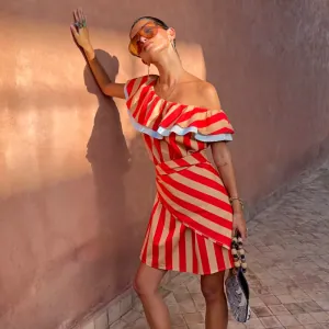 red striped shirt dress Sarah Stripe Shirt Dress-Red Large